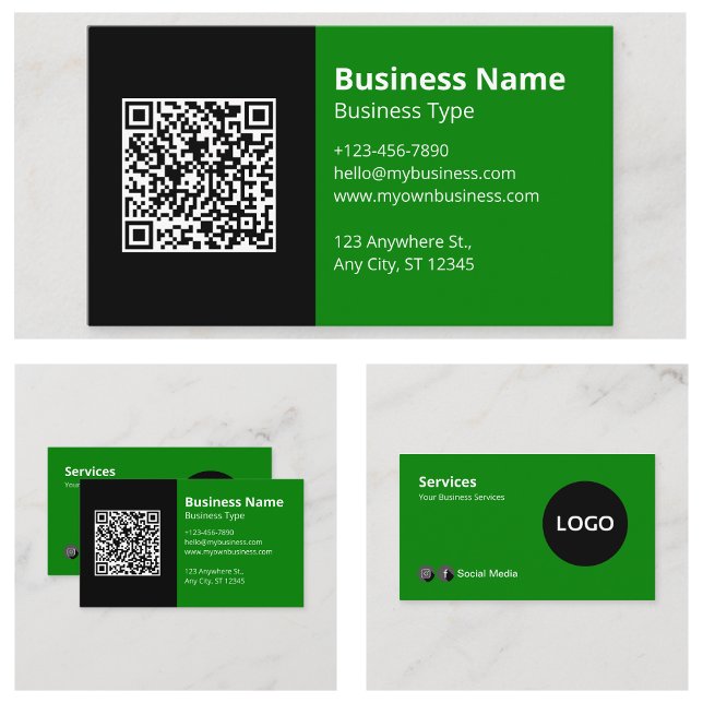 Grünes schwarzes Logo QR-Code Visitenkarte (Green Black Logo QR Code Business Cards)