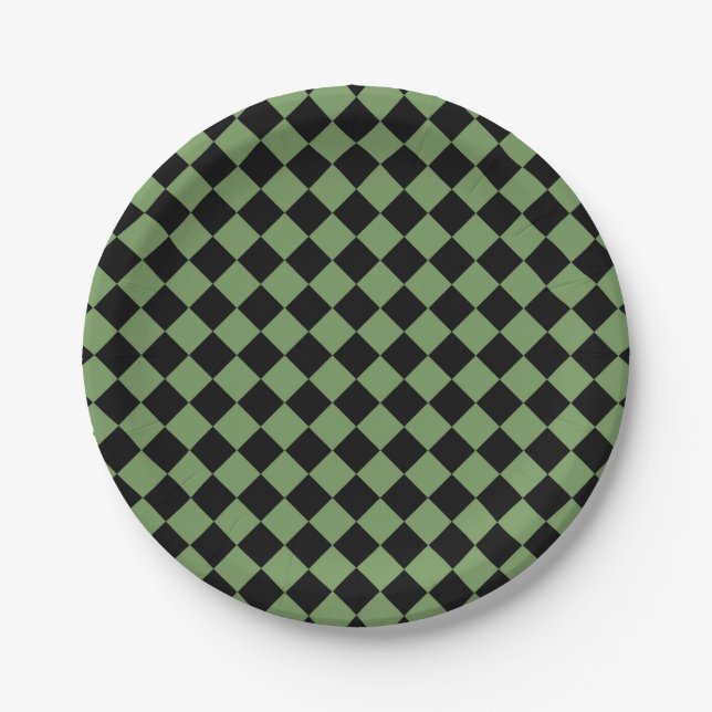 Grünes schwarzes Schachbrett-Diamantmuster Pappteller (Vorderseite)