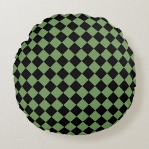 Grünes schwarzes Schachbrett-Diamantmuster Rundes Kissen