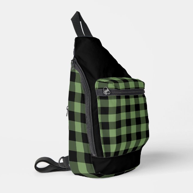 Grünes Schwarzkaromuster Crossbody Bag (Linke Seite)
