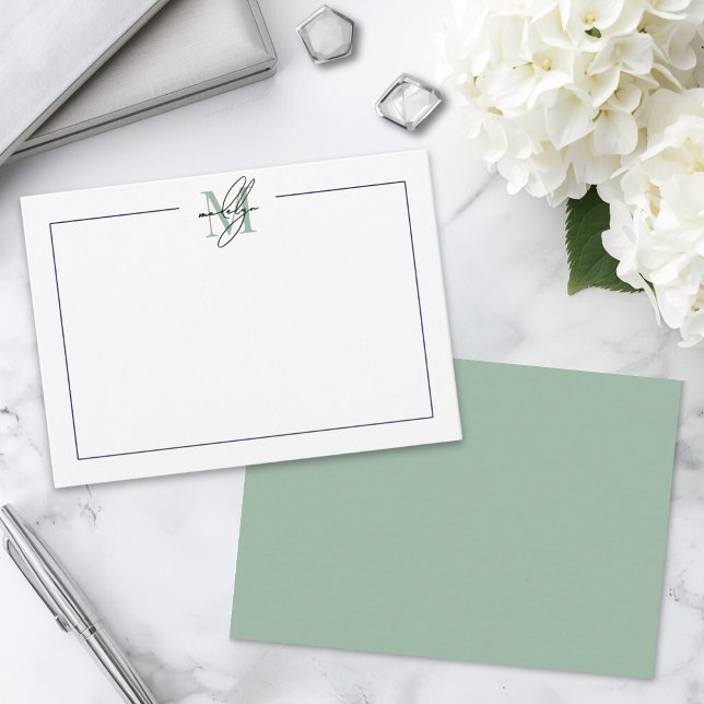 Grünes Skript Minimalistischer Name Monogramm Mitteilungskarte (Green Script Minimalist Name Monogram Note Card )