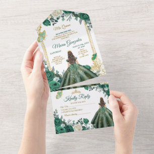 Grünes Smaragd Blumenprinzessin Goldene Quinceañer All In One Einladung