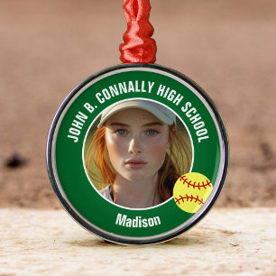 Grünes Softballspieler-Foto Weihnachten an der Hig Ornament Aus Metall
