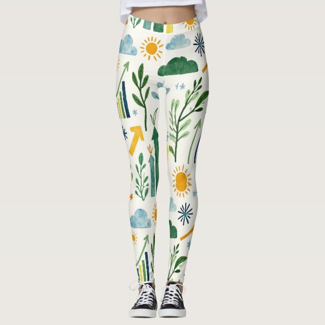 Grünes Sonnengelbes Himmelblau Nahtloses Muster Leggings (Vorderseite)