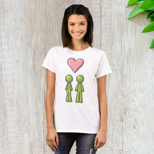 Grünes Strichmännchen-Paar Rosa Herz Liebe T-Shirt