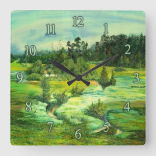 grünes Tal Malerei Aquarell Quadratische Wanduhr