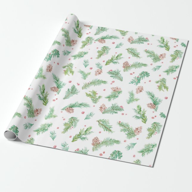 Grünes Tannen-Aquarell-WeihnachtsPackpapier Geschenkpapier (Ungerollt)