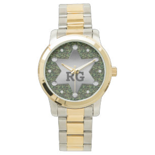 Grünes Tarnungs-Muster-Sheriff-Abzeichen-Monogram Armbanduhr