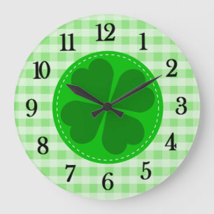 Grünes Tartan-Muster und Kleeblatt Glück Große Wanduhr