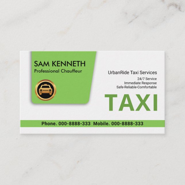 Grünes Taxi Elegance Tab Chauffeur Visitenkarte (Vorderseite)