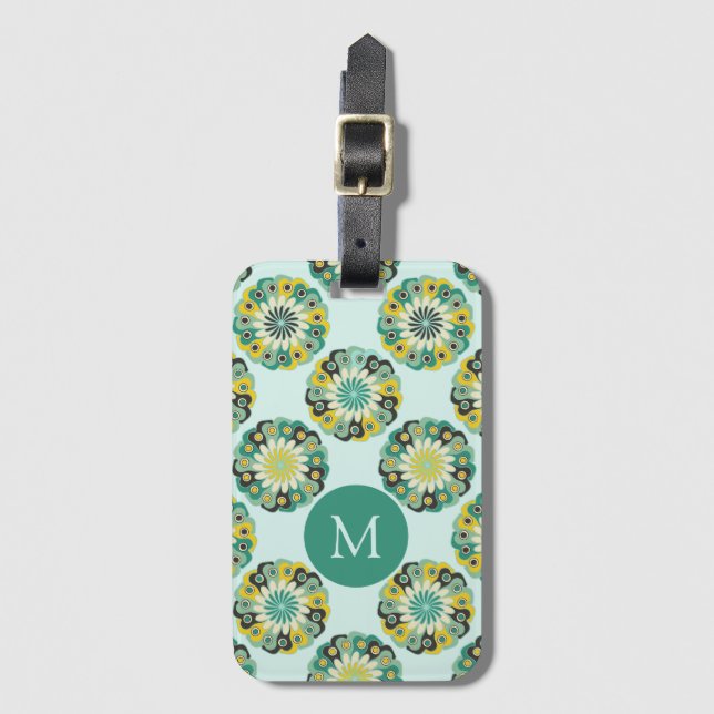 Grünes Teal modernes Blumenmuster Monogramm Gepäckanhänger (Vorderseite Vertikal)
