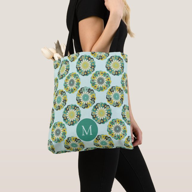 Grünes Teal modernes Blumenmuster Monogramm Tasche (Von Nahem)