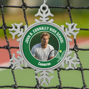 Grünes Tennisspieler-Foto High School Spirit Schneeflocken Zinn-Ornament