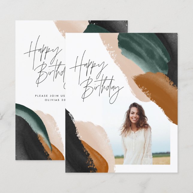 Grünes Terracotta abstraktes Foto Geburtstag (Vorne/Hinten)