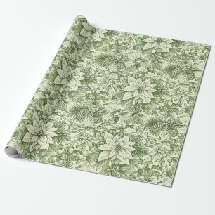 Grünes Toile-Poinsettia-Weihnachtsmuster Geschenkpapier