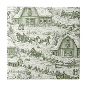 Grünes Toile-Vintage-Weihnachtsdorfmuster (4) Fliese