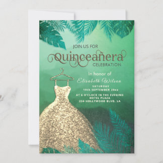 Grünes tropisches Sommergoldkleid Quinceañera Einladung
