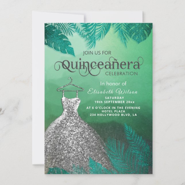 Grünes tropisches Sommersilberkleid Quinceañera Einladung (Vorderseite)