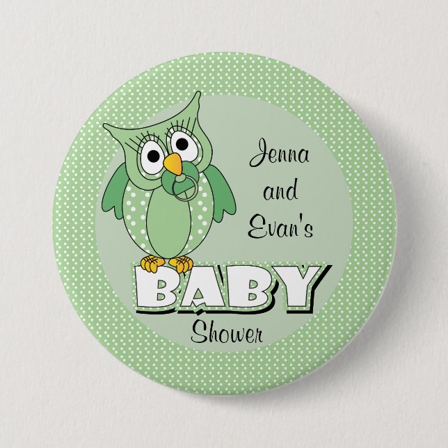 Grünes Tupfen-Eulen-Babyparty-Thema Button (Vorderseite)