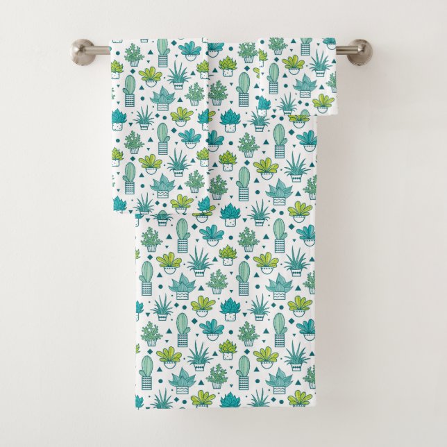 Grünes u. blaues Aquarellsucculent-Muster Badhandtuch Set (Insitu)