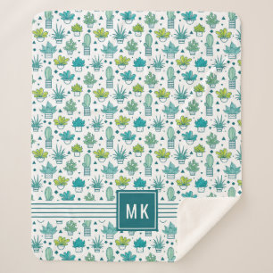 Grünes u. blaues Aquarellsucculent-Muster Sherpadecke