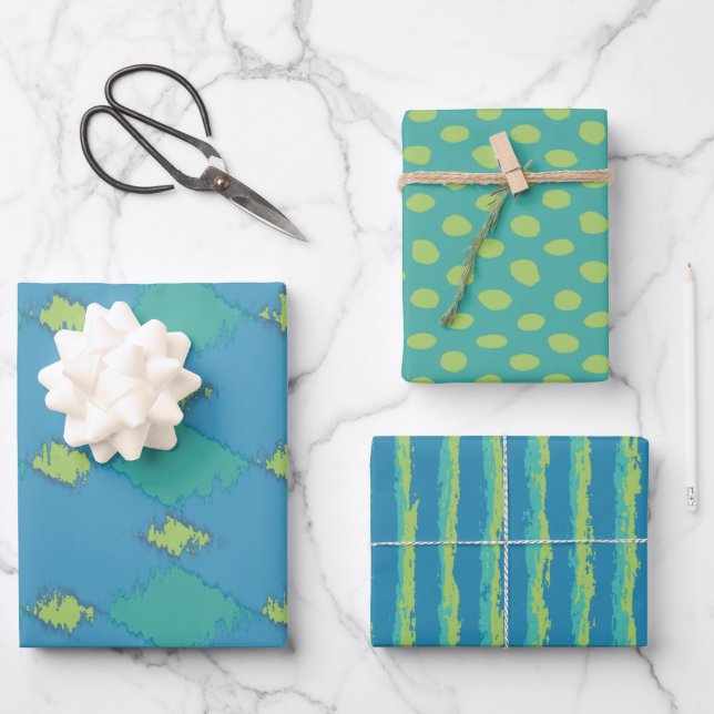 Grünes und Aquamarines Ikat-Muster Geschenkpapier Set (Vorderseite)