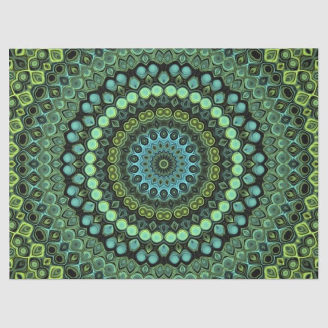 Grünes und Aquamarines Kaleidoskop Mandala Pattern Seidenpapier (Vorderseite)
