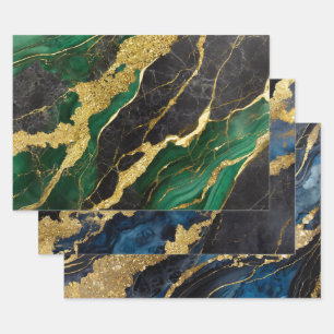 Grünes und blaues Marmormuster mit Gold Geschenkpapier Set
