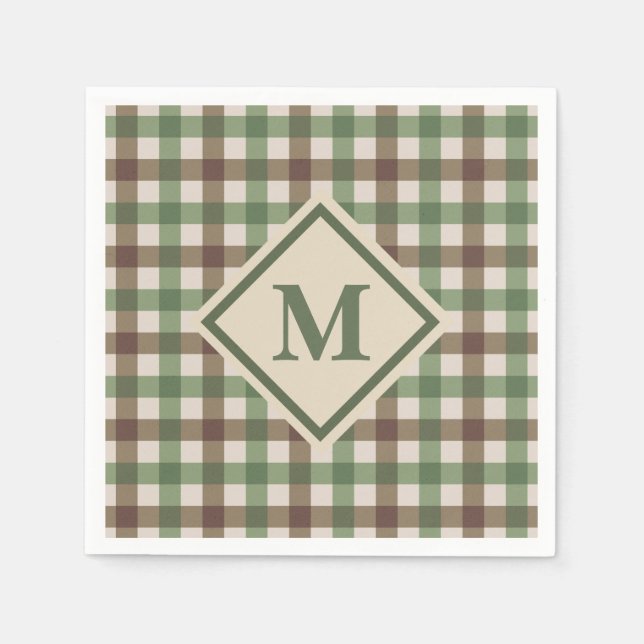 Grünes und braunes Gingham-Karo mit Monogramm-Pick Serviette (Vorderseite)