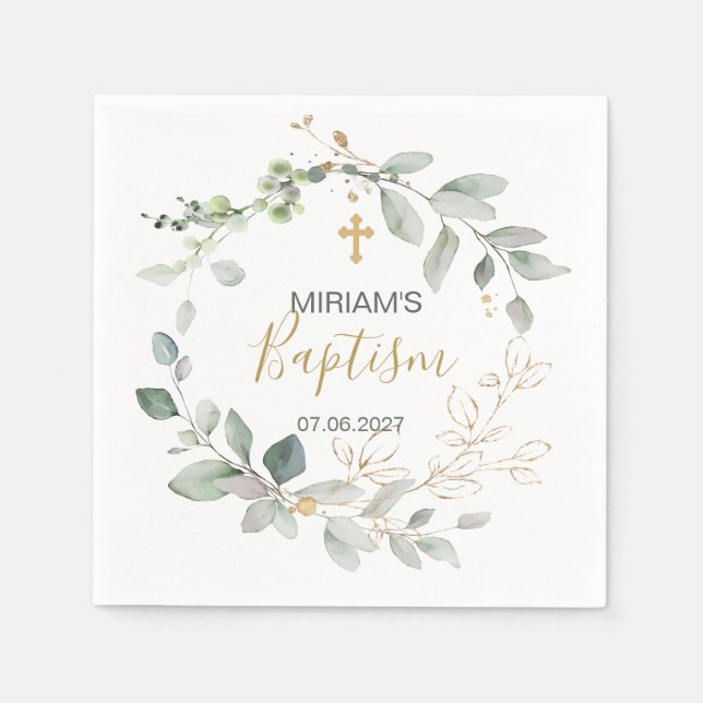 Grünes und goldenes Blattwerk Taufpapier Napkin Serviette (Vorderseite)