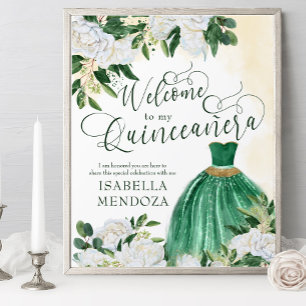 Grünes und goldenes Prinzessinnenkleid Quinceanera Poster