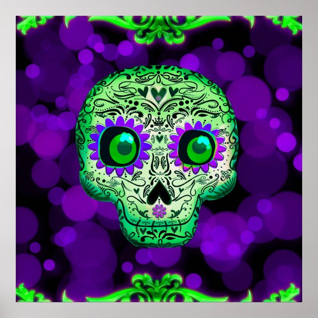 Grünes und Lila glühendes Zuckerschädel Halloween Poster (Vorne)