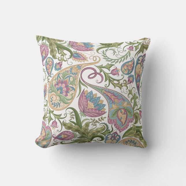 Grünes und Lila Paisley Floral Throw Kissen (Vorderseite)