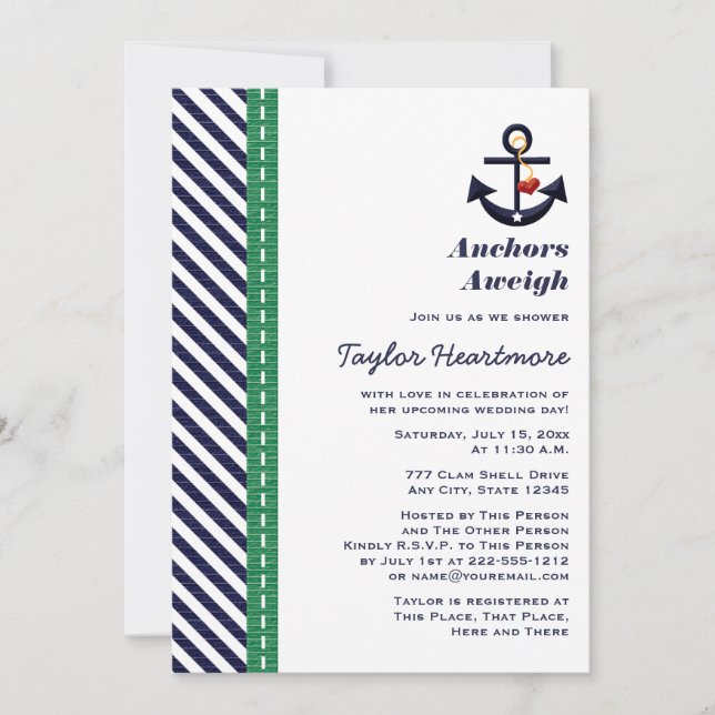 Grünes und Navy Blue Anchor Brautparty Einladung (Vorderseite)