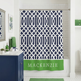 Grünes und Navy-Trellis-Monogramm Duschvorhang