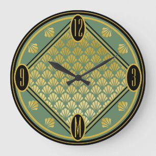 Grünes und schwarzes Art Deco-Monogramm mit Fächer Große Wanduhr