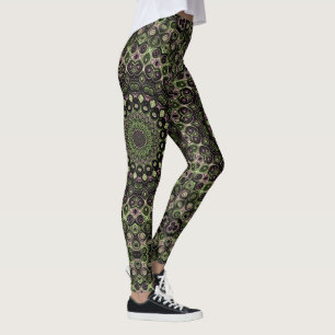 Grünes und schwarzes Kaleidoskop-Mandala-Muster Leggings