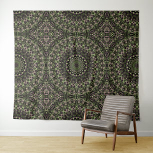 Grünes und schwarzes Kaleidoskop-Mandala-Muster Wandteppich