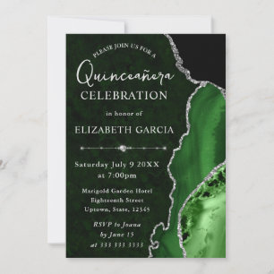 Grünes und silbernes Glitter-Achat-Quinceanera Einladung