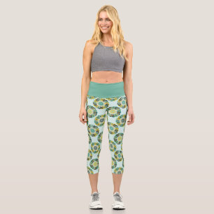 Grünes und Türkises modernes geometrisches Blumenm Capri Leggings