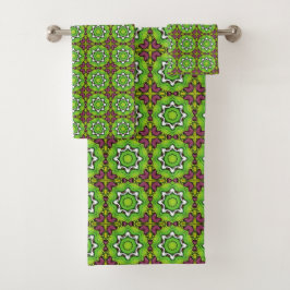 Grünes und violettes geometrisches Mandala-Muster Badhandtuch Set