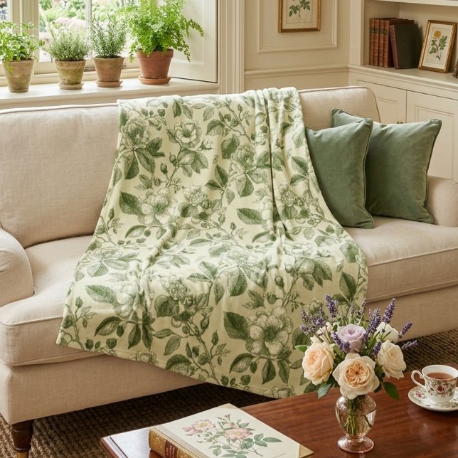 Grünes vintage botanisches Toile-Muster Fleecedecke (Von Creator hochgeladen)