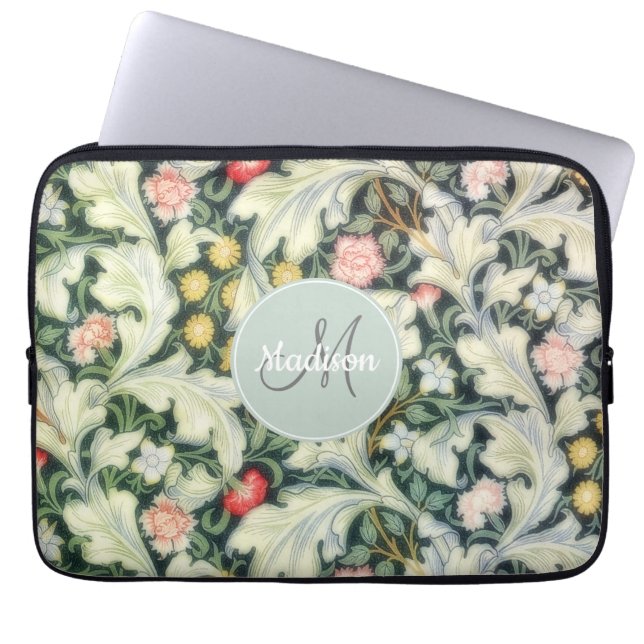 Grünes Vintages Blumenmuster mit Monogramm Laptopschutzhülle (Vorderseite)