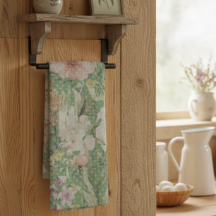 Grünes Vintages Blumenmuster mit Polka-Punkten Geschirrtuch