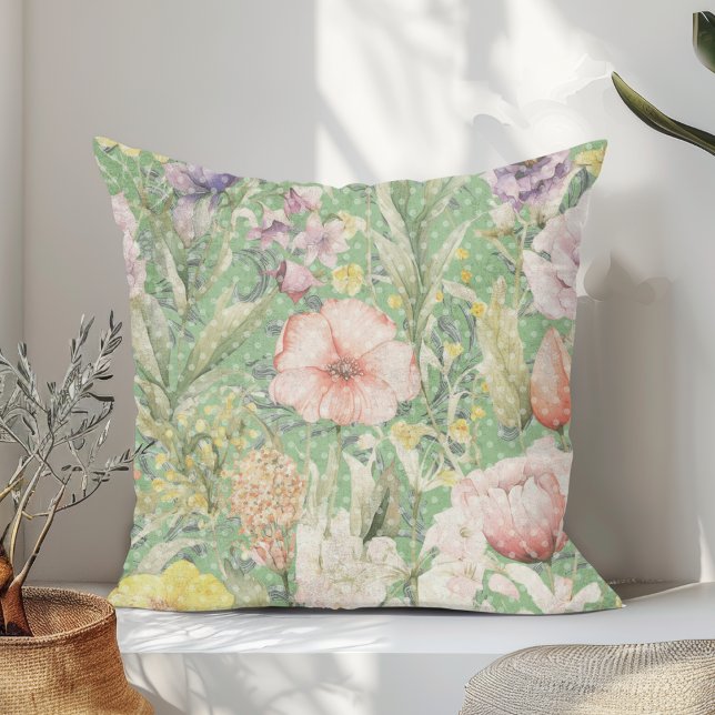 Grünes Vintages Blumenmuster mit Polka-Punkten Kissen (Von Creator hochgeladen)