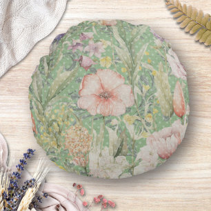 Grünes Vintages Blumenmuster mit Polka-Punkten Rundes Kissen