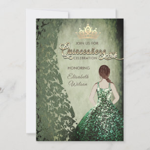Grünes Vintages Kleid Damask tiara Quinceañera Einladung