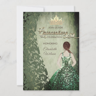 Grünes Vintages Kleid Damask tiara Quinceañera Einladung