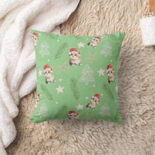 Grünes Wasserfarb-Kätzchen Katze Santa Frohe Weihn Kissen