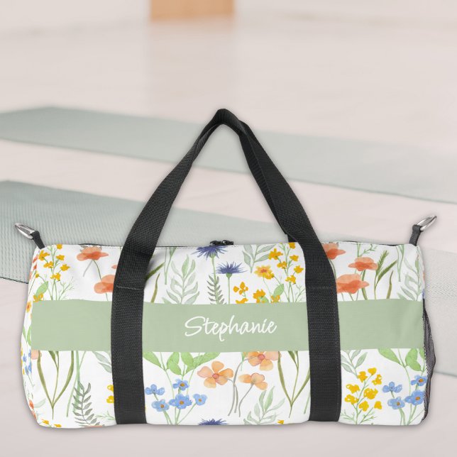 Grünes Watercolor-Wildblumen-Monogramm-Name Duffle Bag (Von Creator hochgeladen)